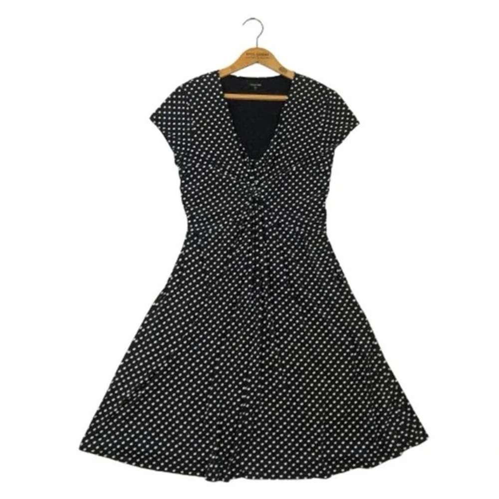 Garnet Hill Polka Dot Fit & Flare Dress Size 10 Black White V Neck Short Sleeve